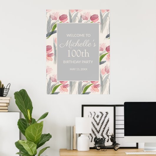 Roze Waterverf Flowers 100th Birthday Women Poster (Thuiskantoor)
