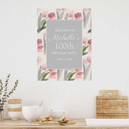 Roze Waterverf Flowers 100th Birthday Women Poster (Keuken)
