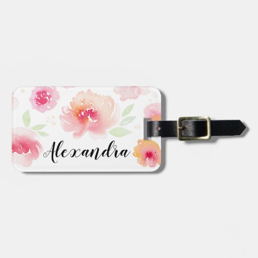 Roze Waterverf Flowers Aangepaste naam Bagagelabel (Voorkant horizontaal)