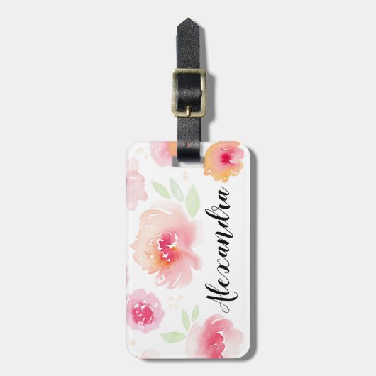 Roze Waterverf Flowers Aangepaste naam Bagagelabel (Voorkant verticaal)
