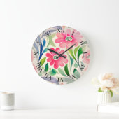 Roze Waterverf Flowers Art Grote Klok (Huis)