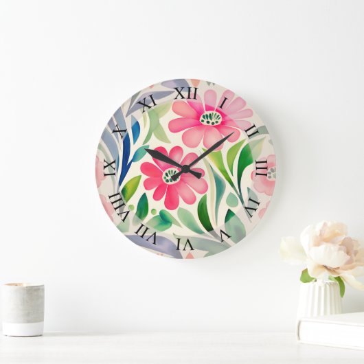 Roze Waterverf Flowers Art Grote Klok (Huis)