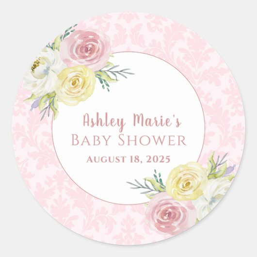 Roze Waterverf Flowers Baby shower Ronde Sticker (Voorkant)