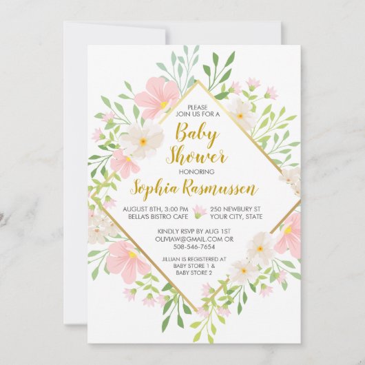 Roze Waterverf Flowers Baby shower Uitnodiging (Voorkant)