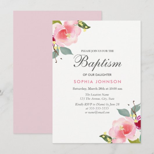 Roze Waterverf Flowers Baptism Christening Invite Kaart (Voorkant / Achterkant)