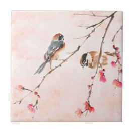  roze Waterverf Flowers & Birds Tegeltje