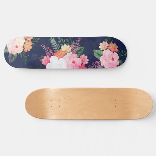 Roze Waterverf Flowers Blue Design Persoonlijk Skateboard (Horizontaal)