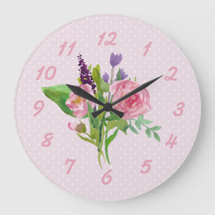 Roze Waterverf Flowers en Polka Dot Wall Clock Grote Klok