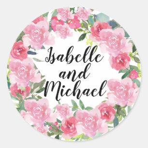Roze Waterverf Flowers Gepersonaliseerde bruiloft Ronde Sticker