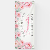 Roze waterverf Flowers, Girl Birthday Banner (Verticaal)