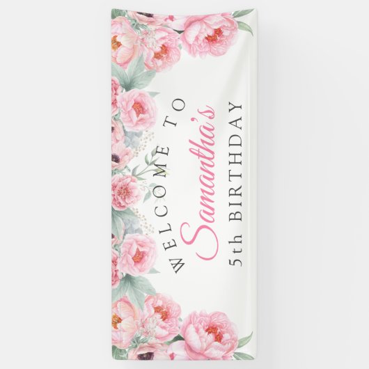Roze waterverf Flowers, Girl Birthday Banner (Verticaal)