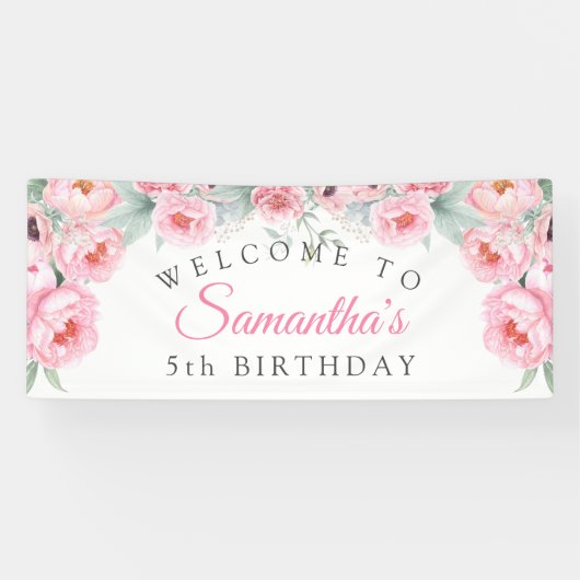 Roze waterverf Flowers, Girl Birthday Banner (Horizontaal)