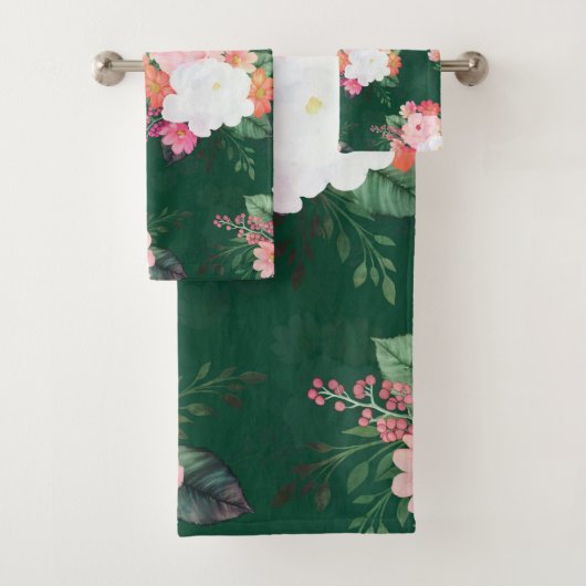 Roze Waterverf Flowers Green Design Bad Handdoek (Insitu)