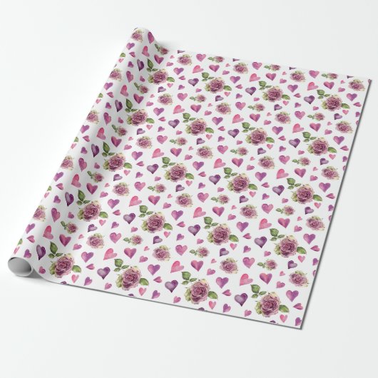 Roze Waterverf Flowers Hearts Cadeaupapier (Uitgerold)