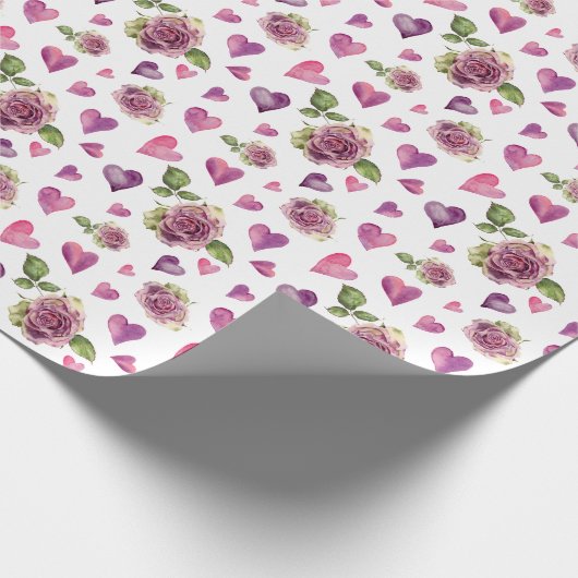 Roze Waterverf Flowers Hearts Cadeaupapier (Hoek)