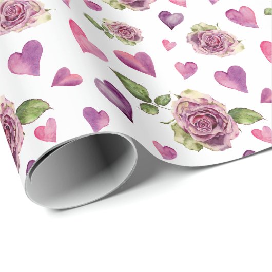 Roze Waterverf Flowers Hearts Cadeaupapier (Rol Hoek)