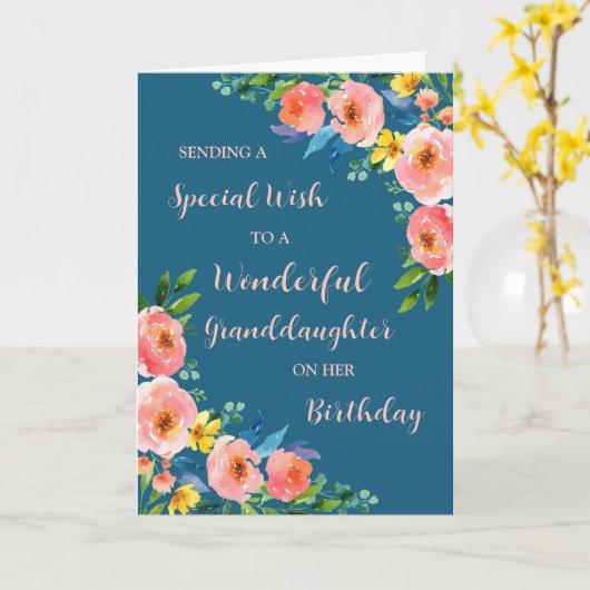 Roze Waterverf Flowers Kleindochter Verjaardag Kaart (Gele Bloem)