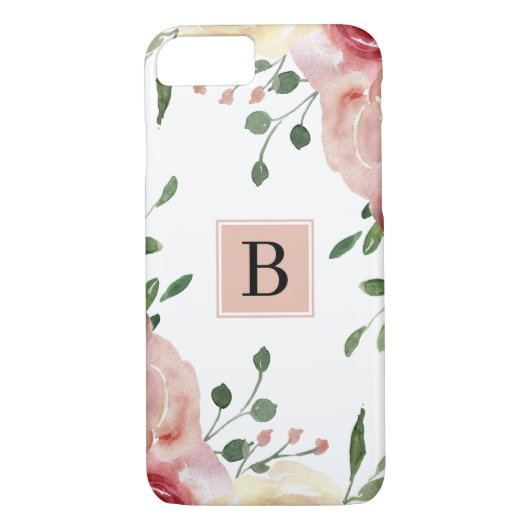 Roze Waterverf Flowers met Eenvoudig Monogram Case-Mate iPhone Case (Achterkant)