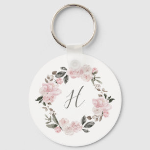 roze Waterverf Flowers Monogram Sleutelhanger