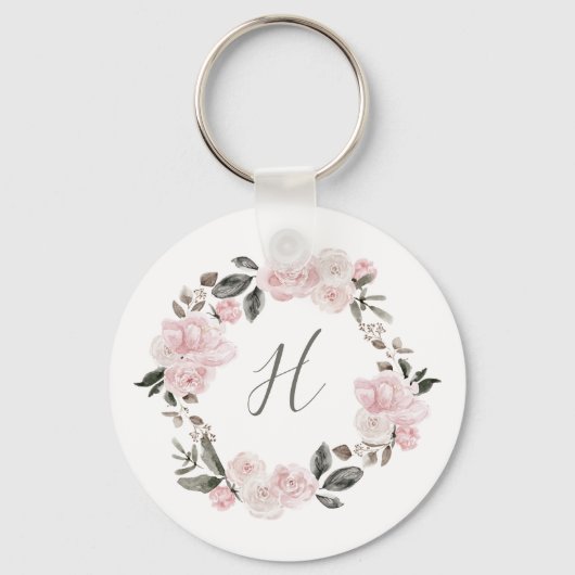  roze Waterverf Flowers | Monogram Sleutelhanger (Voorkant)