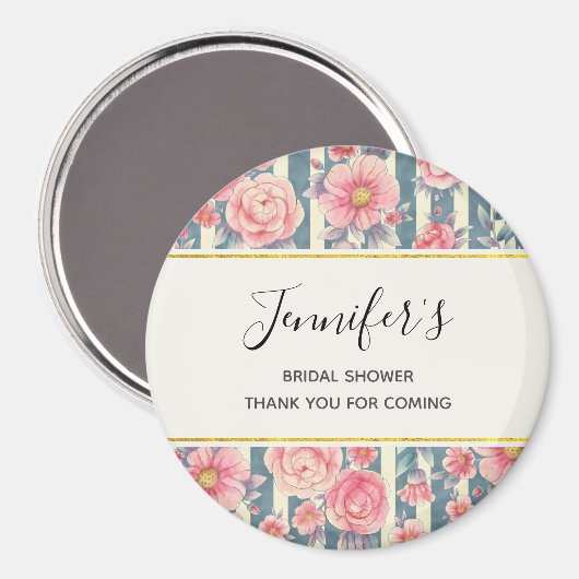 Roze Waterverf Flowers op Stripes Birthday Magnet (Voorkant / Achterkant)