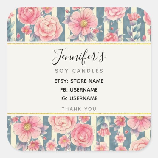 Roze Waterverf Flowers op Stripes Business Vierkante Sticker (Voorkant)