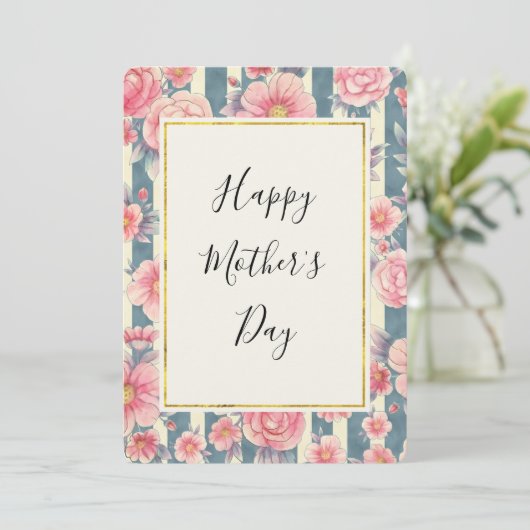 Roze Waterverf Flowers op Stripes Moederdag Feestdagenkaart (Staand voorkant)