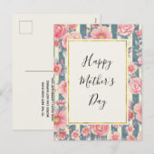 Roze Waterverf Flowers op Stripes Moederdag Feestdagenkaart (Voorkant / Achterkant)