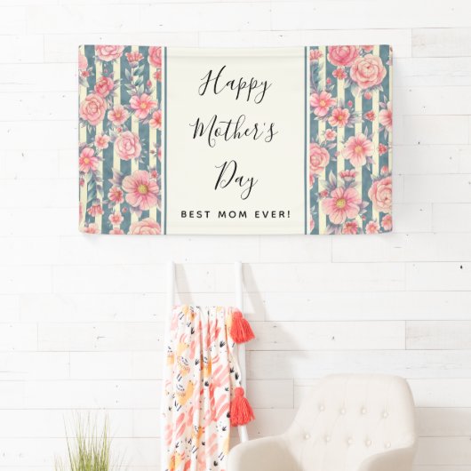 Roze Waterverf Flowers op Stripes Moederdag Spandoek (Insitu)