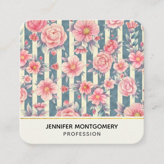 Roze Waterverf Flowers op Stripes Square Busines Vierkante Visitekaartje (Voorkant)