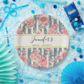 Roze Waterverf Flowers op Stripes Vrijgezellenfees Papieren Bordje (Feest)