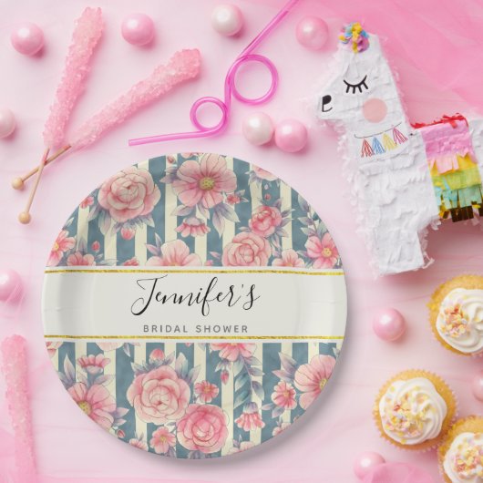 Roze Waterverf Flowers op Stripes Vrijgezellenfees Papieren Bordje (Feest)