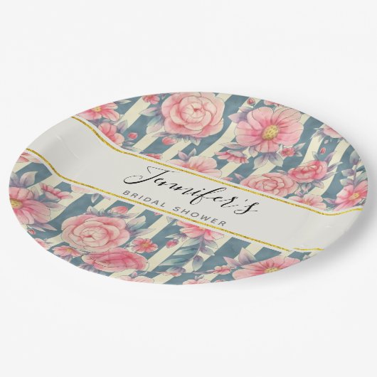 Roze Waterverf Flowers op Stripes Vrijgezellenfees Papieren Bordje (Gekanteld)