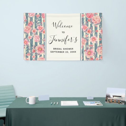 Roze Waterverf Flowers op Stripes Vrijgezellenfees Spandoek (Beurs)
