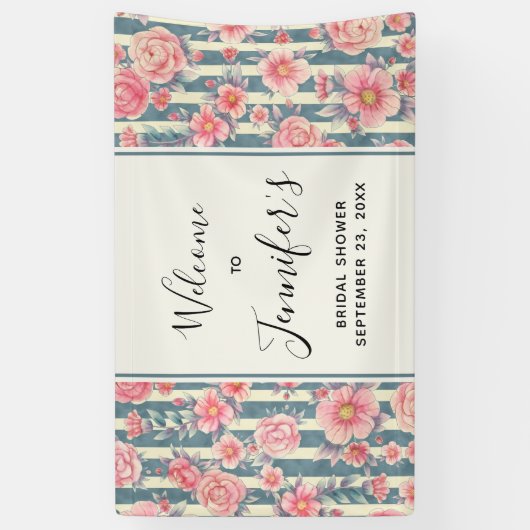 Roze Waterverf Flowers op Stripes Vrijgezellenfees Spandoek (Verticaal)