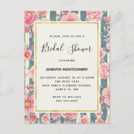 Roze Waterverf Flowers op Stripes Vrijgezellenfees Uitnodiging Briefkaart