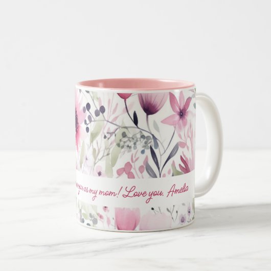 Roze Waterverf FLowers Patroon | Gift voor mam | Tweekleurige Koffiemok (Voorkant rechts)