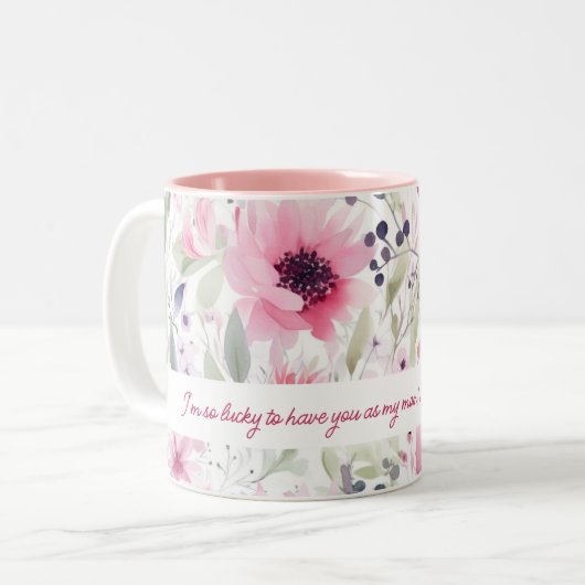 Roze Waterverf FLowers Patroon | Gift voor mam | Tweekleurige Koffiemok (Voorkant links)