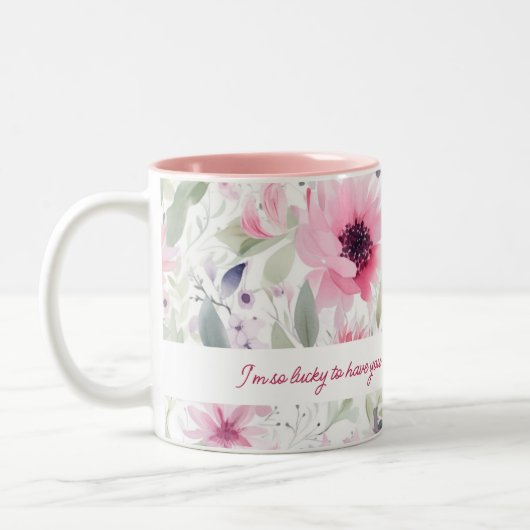 Roze Waterverf FLowers Patroon | Gift voor mam | Tweekleurige Koffiemok (Links)
