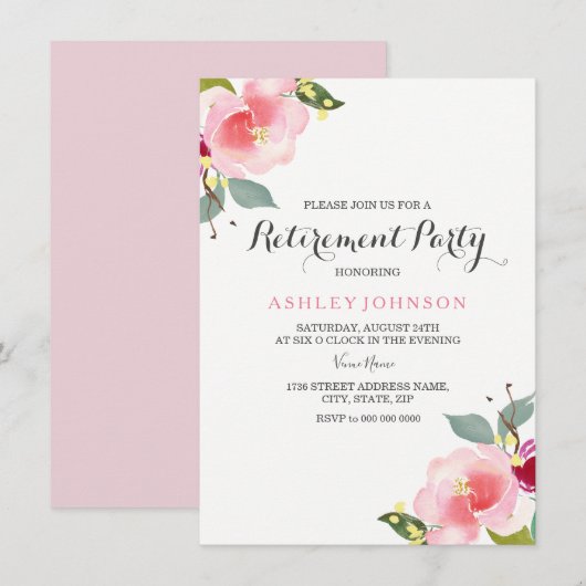 Roze Waterverf Flowers Retirement Party Invite Kaart (Voorkant / Achterkant)
