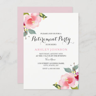 Roze Waterverf Flowers Retirement Party Invite Kaart