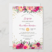 Roze Waterverf Flowers Surprise Birthday Party Kaart (Voorkant)