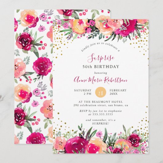 Roze Waterverf Flowers Surprise Birthday Party Kaart (Voorkant / Achterkant)