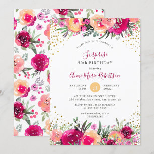 Roze Waterverf Flowers Surprise Birthday Party Kaart