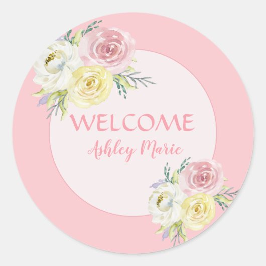  roze Waterverf Flowers WelkomstBaby Ronde Sticker (Voorkant)