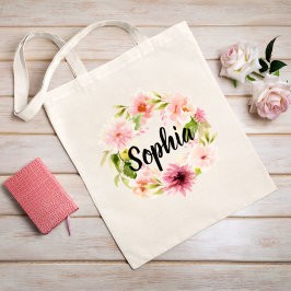 Roze Waterverf Flowers Wreater Bridesmaid Name Tote Bag