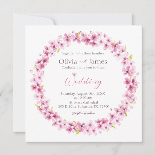 Roze Waterverf Flowers Wreath Wedding Invitation Kaart (Voorkant)
