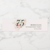 Roze Waterverf Foliage 75e Verjaardag Bloemen Fees Waterfles Etiket (Enkel label)