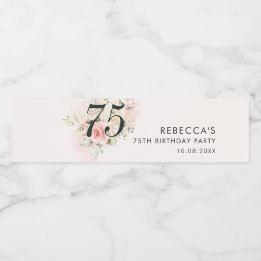 Roze Waterverf Foliage 75e Verjaardag Bloemen Fees Waterfles Etiket (Enkel label)
