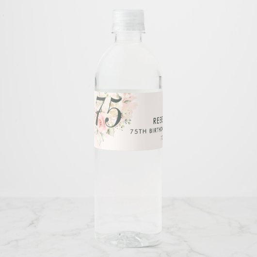 Roze Waterverf Foliage 75e Verjaardag Bloemen Fees Waterfles Etiket (Voorkant)